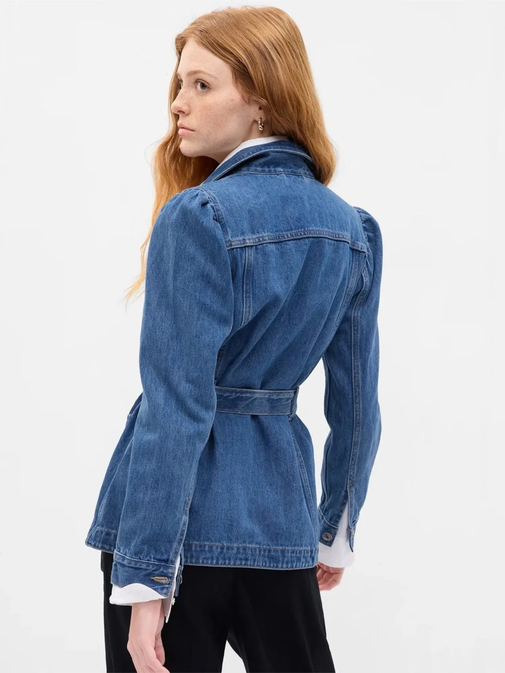 GAP Puff Sleeve Denim Field Surplus Jacket Belted Blue Trench Women's Sz L